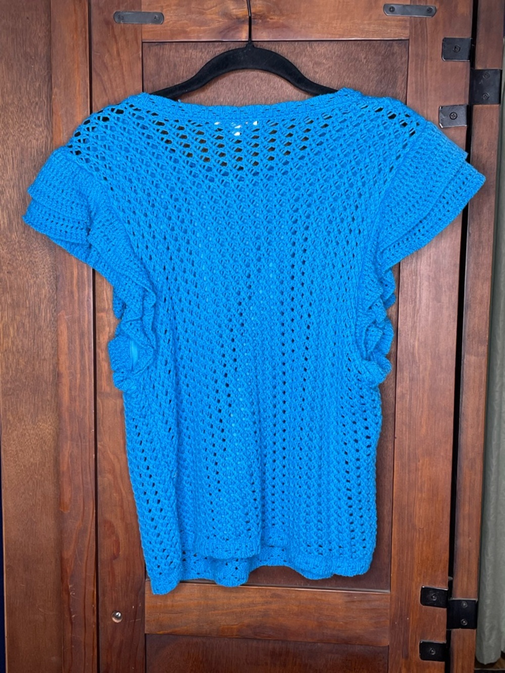 Skies Are Blue Blue Crochet Sweater Top Ruffle Sleeve Boho Coastal Resort Size L - Picture 4 of 6